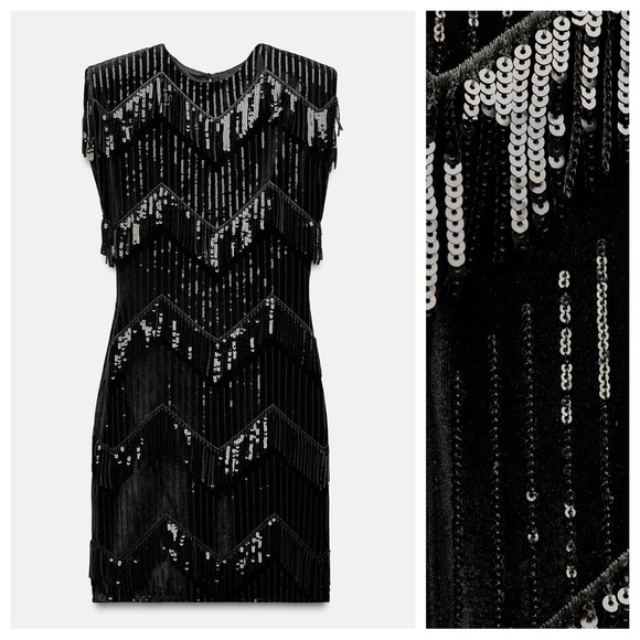 NWT. Zara Black Velvet Fringe and Sequin Mini Dress. Size M. - Picture 2 of 10